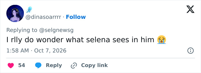 A social media comment criticizing the relationship of Selena Gomez and Benny Blanco A social media comment criticizing the relationship of Selena Gomez and Benny Blanco