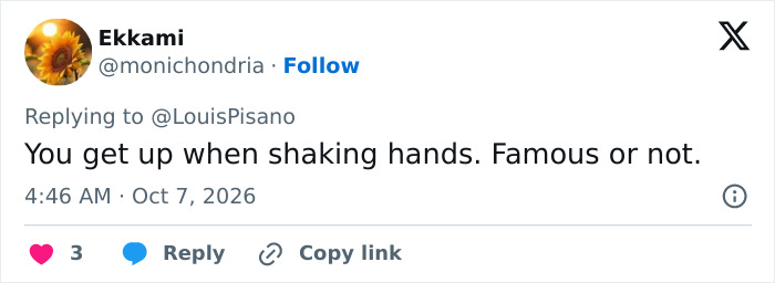 A social media post criticizing Zendaya's gesture during Paris Fashion Week regarding etiquette when shaking hands. A social media post criticizing Zendaya's gesture during Paris Fashion Week regarding etiquette when shaking hands.