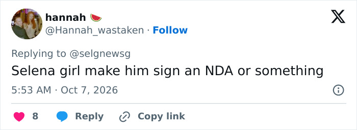 A fan tweet reacting to Selena Gomez and Benny Blanco about signing an NDA A fan tweet reacting to Selena Gomez and Benny Blanco about signing an NDA
