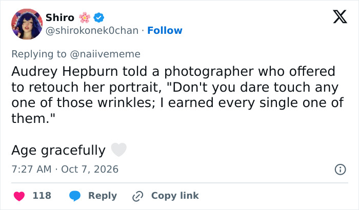 A tweet about aging gracefully in relation to Megan Fox appearance discussion. A tweet about aging gracefully in relation to Megan Fox appearance discussion.