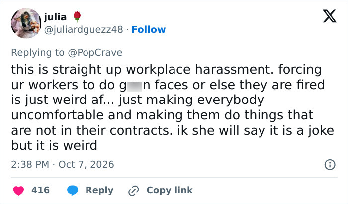 A social media post calling Zara Larsson's behavior workplace harassment. A social media post calling Zara Larsson's behavior workplace harassment.