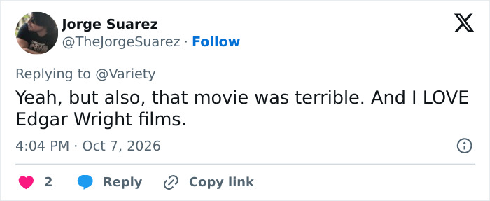 Tweet by Jorge Suarez discussing why the movie was terrible, related to the Stephen King remake.
