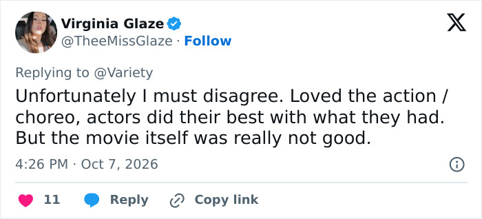 Tweet by Virginia Glaze critiquing the Stephen King remake as not good