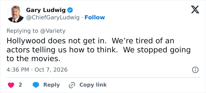 Tweet by Gary Ludwig criticizing Hollywood actors, referring to a Stephen King remake.