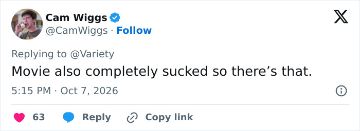 Tweet by Cam Wiggs calling the Stephen King remake movie terrible