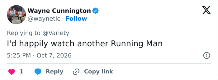 Tweet by Wayne Cunnington expressing desire for another Running Man movie