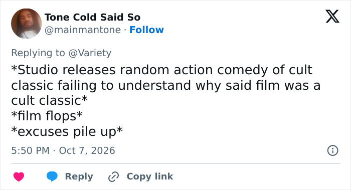 Tweet by Tone Cold Said So mocking excuses after the Stephen King remake flopped
