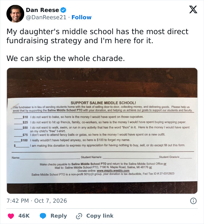 Tweet showing an honest middle school fundraiser form for parents to donate directly