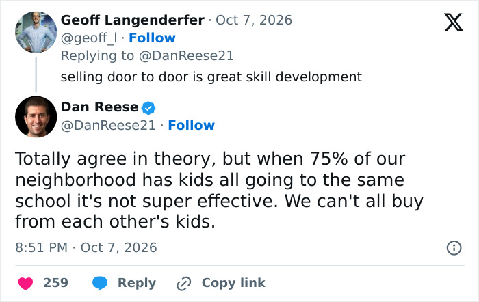 A Twitter reply discussing door-to-door sales for a middle school honest fundraiser.