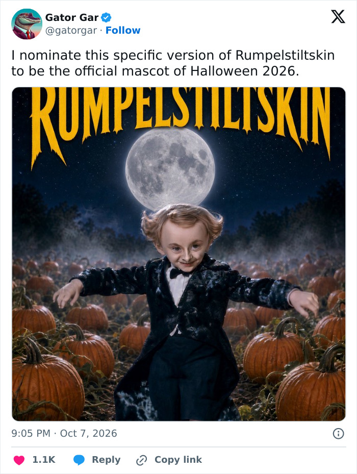 The original Rumpelstiltskin Tiptoe meme showing a creepy character in a pumpkin patch under a full moon The original Rumpelstiltskin Tiptoe meme showing a creepy character in a pumpkin patch under a full moon