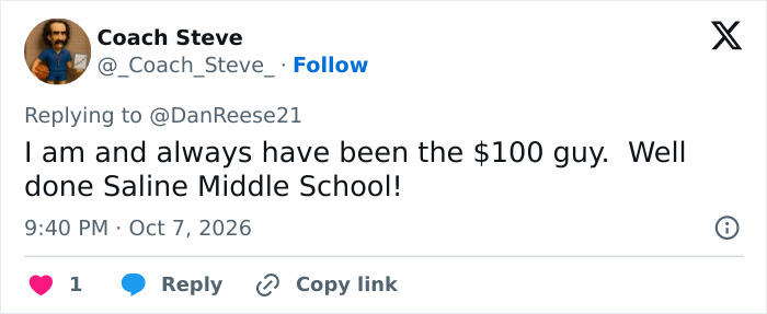 A social media comment from a parent praising the honest middle school fundraiser and offering a $100 donation.