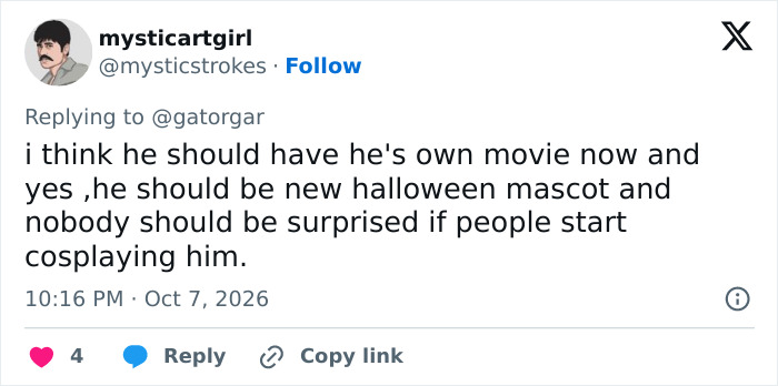A social media post discussing the Rumpelstiltskin Tiptoe character as a potential Halloween mascot. A social media post discussing the Rumpelstiltskin Tiptoe character as a potential Halloween mascot.