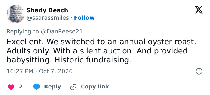 A tweet sharing success with alternative middle school fundraiser ideas like an oyster roast with babysitting.