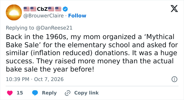 A social media post praising an honest school fundraiser idea about a mythical bake sale.