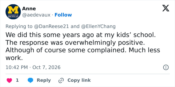 A social media reply praising an honest middle school fundraiser for being less work and receiving positive feedback.