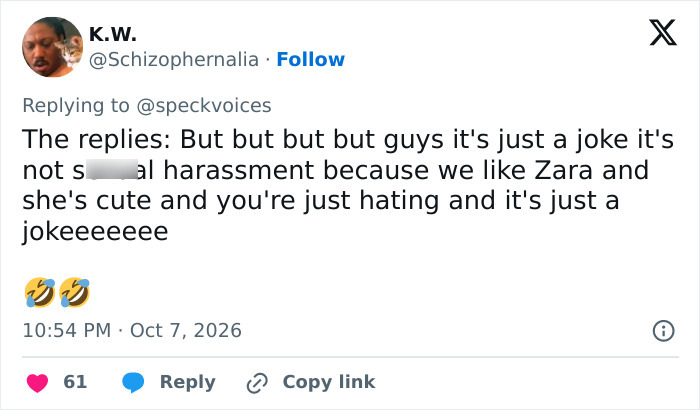 A Tweet criticizing defenders of Zara Larsson regarding workplace harassment allegations. A Tweet criticizing defenders of Zara Larsson regarding workplace harassment allegations.