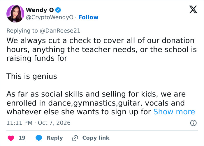A tweet praising direct donations over traditional school sales for a middle school honest fundraiser.