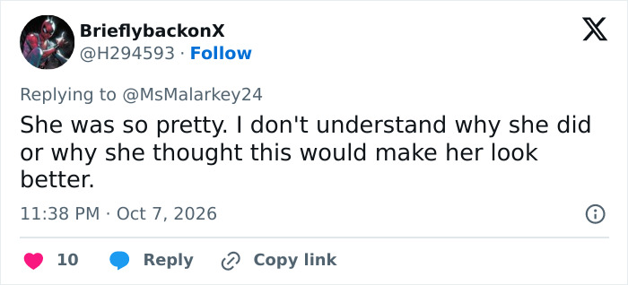 A tweet about a billionaire at a White House event stating she used to look pretty. A tweet about a billionaire at a White House event stating she used to look pretty.