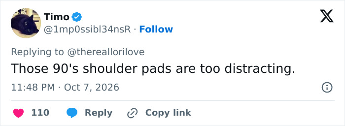 A tweet about a billionaire at a White House event commenting on 90s shoulder pads. A tweet about a billionaire at a White House event commenting on 90s shoulder pads.