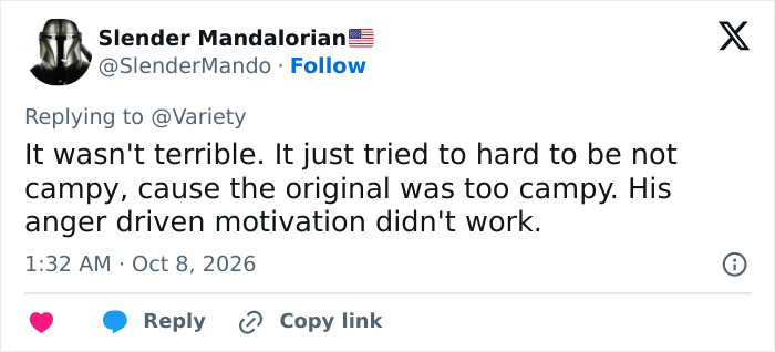Tweet by Slender Mandalorian discussing why the Stephen King remake flopped