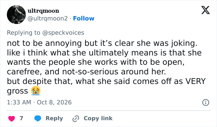 A Tweet calling Zara Larsson’s comments gross despite finding them a joke amid workplace harassment claims. A Tweet calling Zara Larsson’s comments gross despite finding them a joke amid workplace harassment claims.