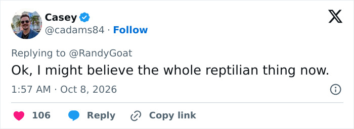 A social media post on X regarding a billionaire spotted at White House event and the reptilian theory. A social media post on X regarding a billionaire spotted at White House event and the reptilian theory.