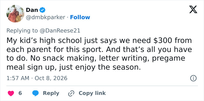 A social media post discussing high school sports fees, reflecting an honest fundraiser approach for parents.