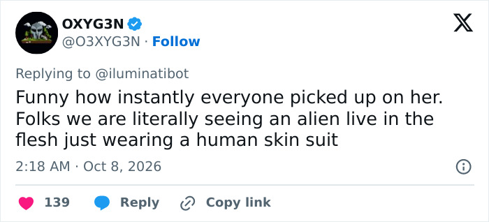 A post on X discussing a billionaire spotted at White House event resembling an alien in a skin suit. A post on X discussing a billionaire spotted at White House event resembling an alien in a skin suit.