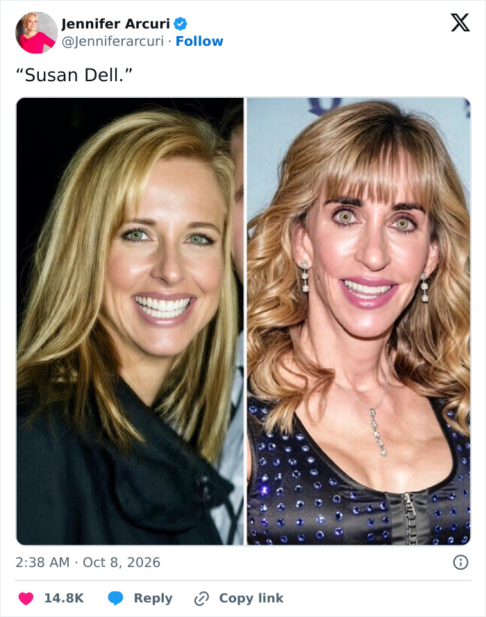 Social media post comparing two different portraits of Dell CEO wife Susan Dell.