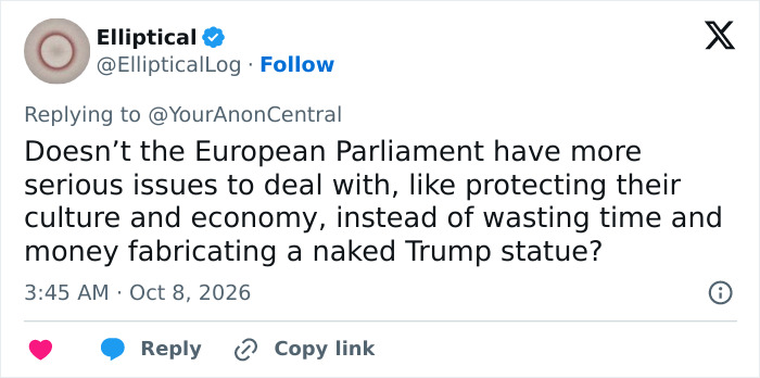 A tweet on X criticizing the fabrication of a naked Donald Trump statue. A tweet on X criticizing the fabrication of a naked Donald Trump statue.