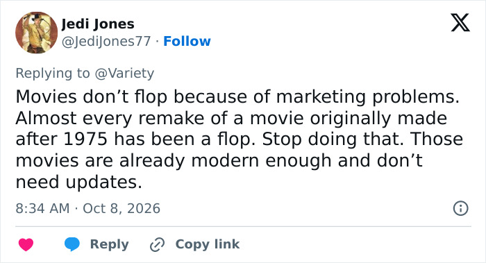 Tweet by Jedi Jones about why a movie remake flops, referencing the Stephen King remake.