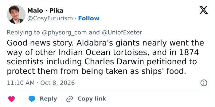 X post by Malo Pika discussing the historical conservation efforts for giant tortoises.