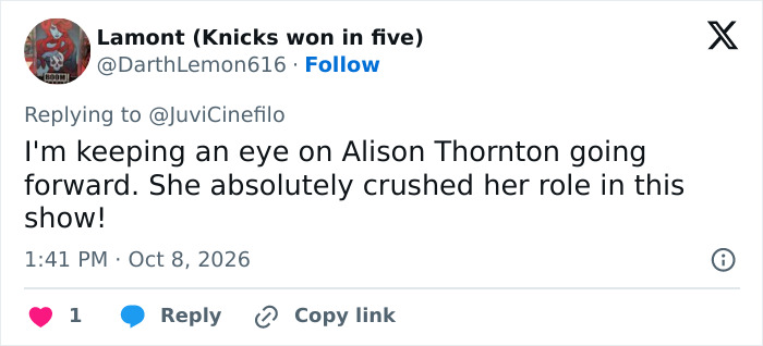 A Tweet supporting Hollywood Rising Star Alison Thornton in her new role
