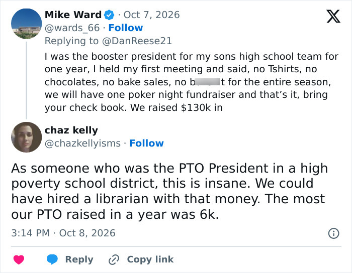 Social media posts discussing school fundraising methods and middle school honest fundraiser experiences.