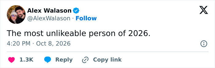 An X post declaring a character as the Most Unlikeable Person Of 2026.