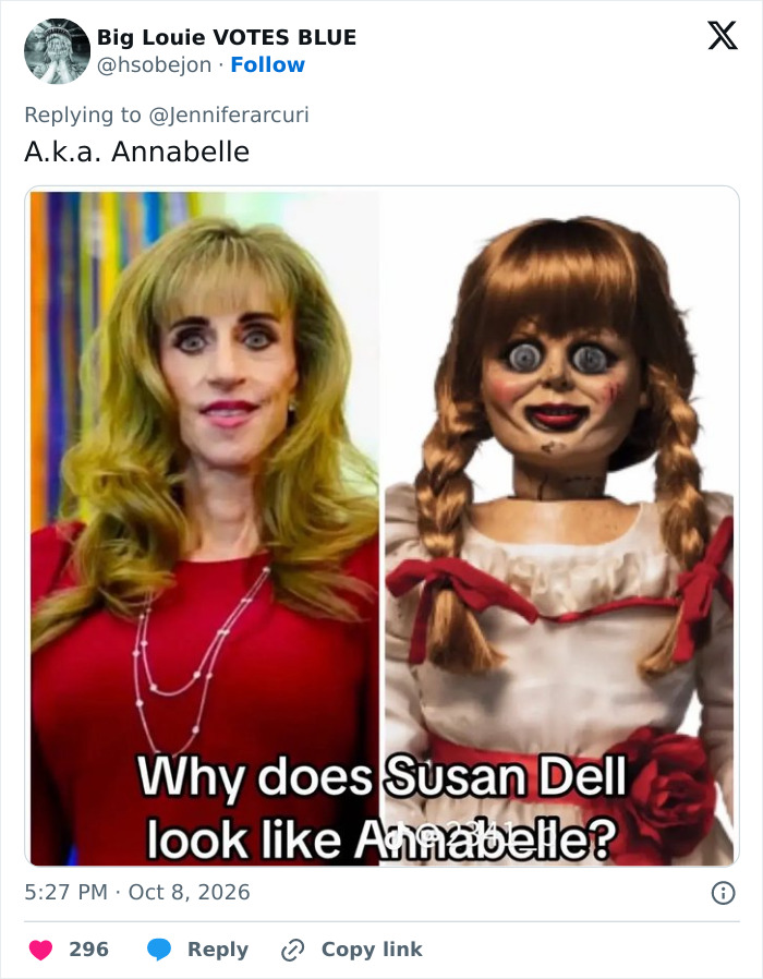 Social media post comparing Dell CEO wife Susan Dell to the horror movie doll Annabelle.