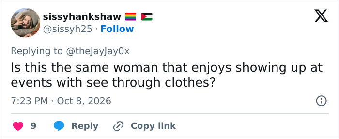 A tweet questioning a celebrity about wearing see through clothes A tweet questioning a celebrity about wearing see through clothes