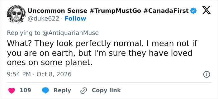 A humorous social post about someone looking alien, referencing Susan Dell's Transformation.