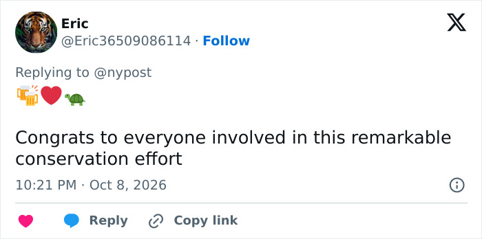 A social media post on X praising a conservation effort for tortoises