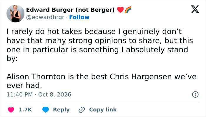 A Tweet praising Alison Thornton as Chris Hargensen in Stephen King Remake