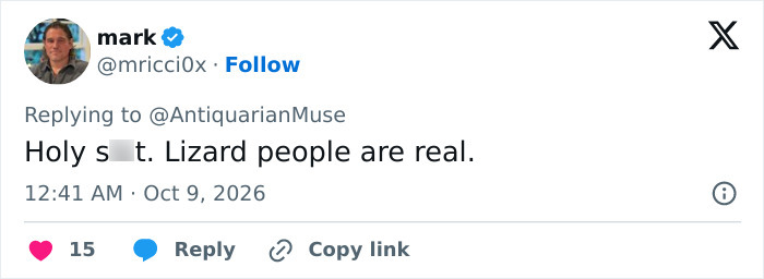 Tweet mentioning lizard people, linked to Susan Dell's Transformation.