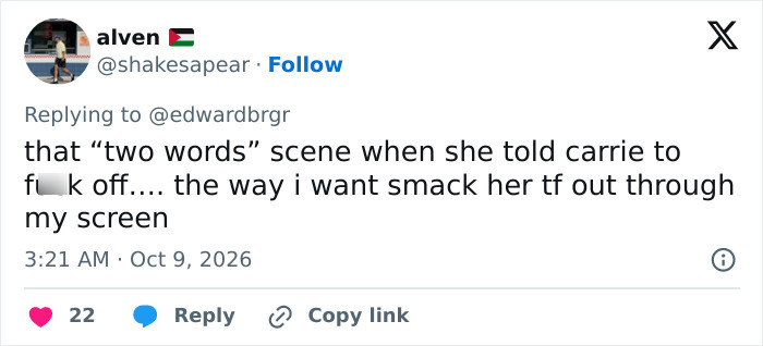 A Tweet about a scene featuring the Most Unlikeable Person Of 2026 Stephen King Remake