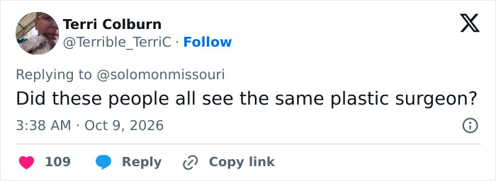 A social media post questioning plastic surgery trends in relation to Susan Dell transformation.