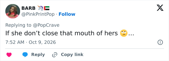 X post from user BARB commenting on Rachel Zegler to close her mouth in the new photo.