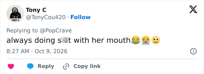 X post from user Tony C commenting on Rachel Zegler always doing things with her mouth in photos.