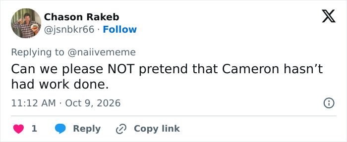A tweet questioning whether Cameron Diaz has had cosmetic work done.