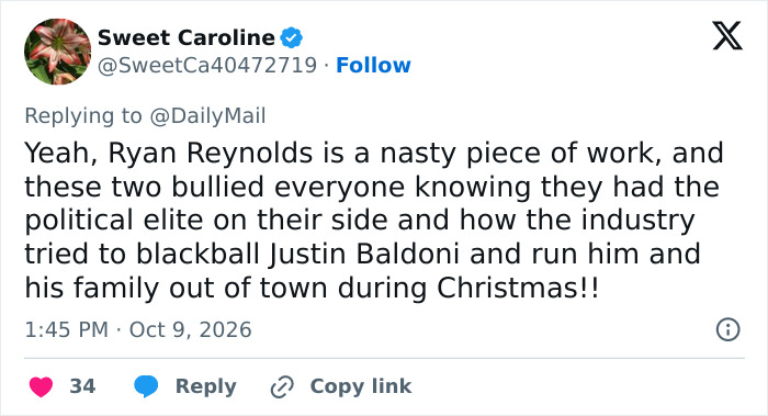 Post discussing Ryan Reynolds and Justin Baldoni industry rumors