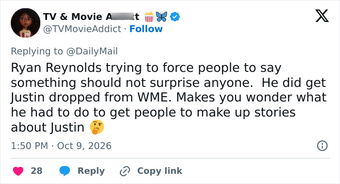 Tweet reacting to claims involving Ryan Reynolds and Justin Baldoni