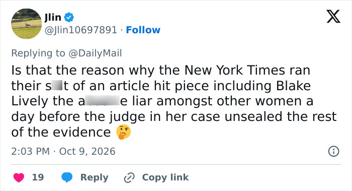 Tweet detailing media coverage and court evidence regarding Blake Lively