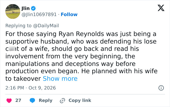 Tweet critical of Ryan Reynolds and his wife Blake Lively on social media